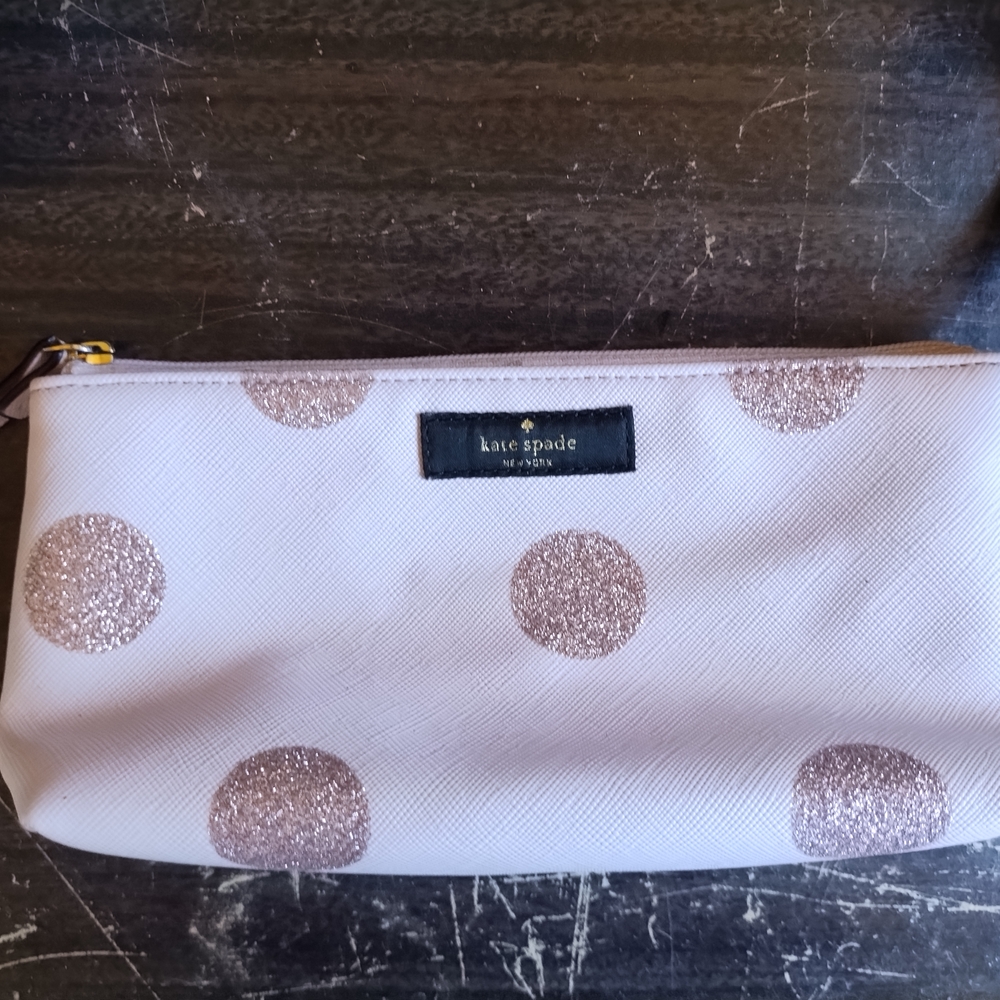 Kate Spade Pink Cream and Gold Cosmetic Bag with Glittery Polka Dots
